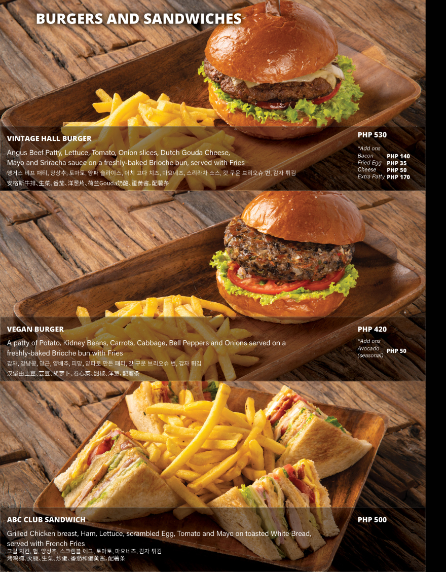 Burger Menu of The Vintage Hall, a 24-hour restaurant in Angeles City near Clark Freeport Zone