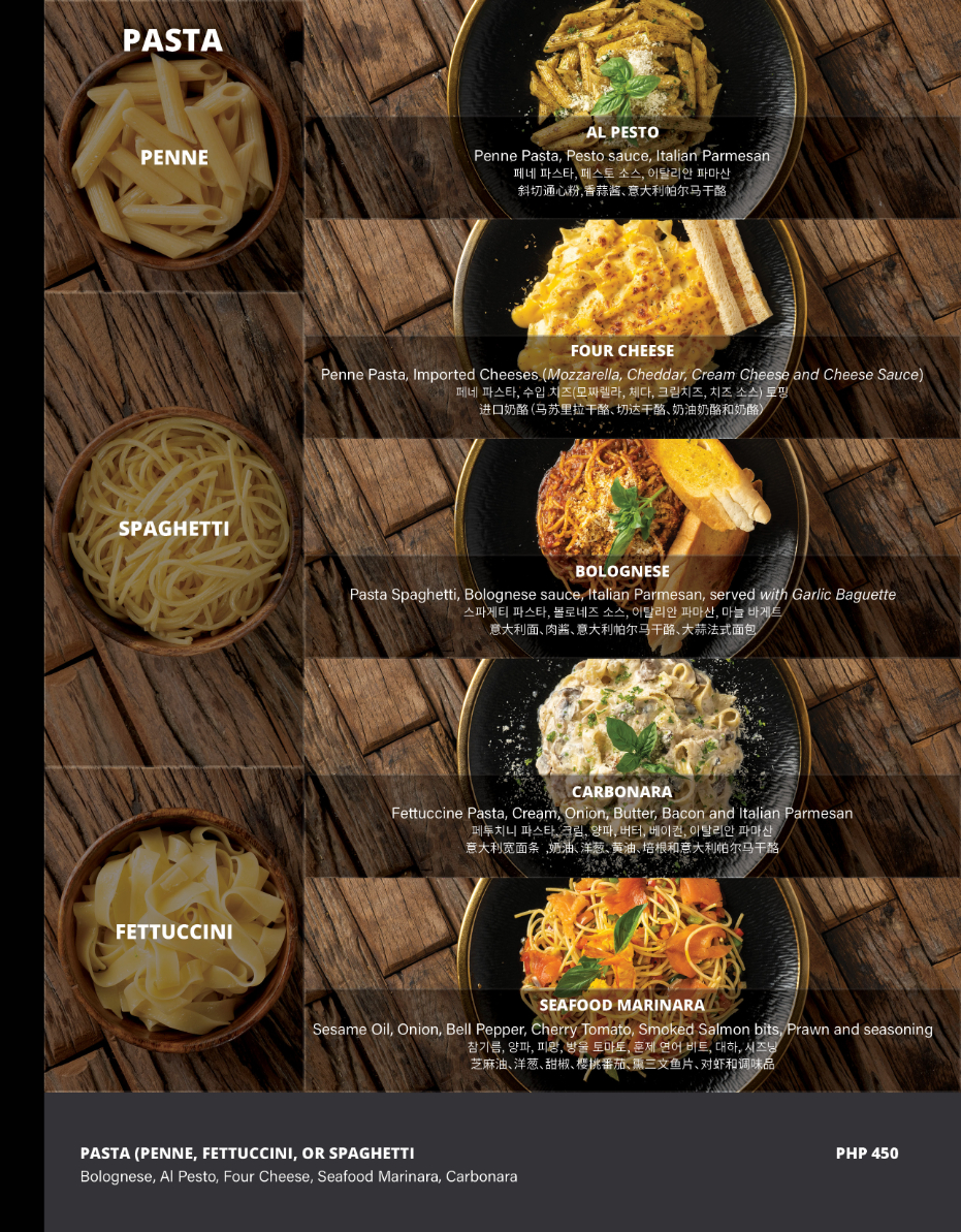 Pasta Menu of The Vintage Hall, a 24-hour restaurant in Angeles City near Clark Freeport Zone